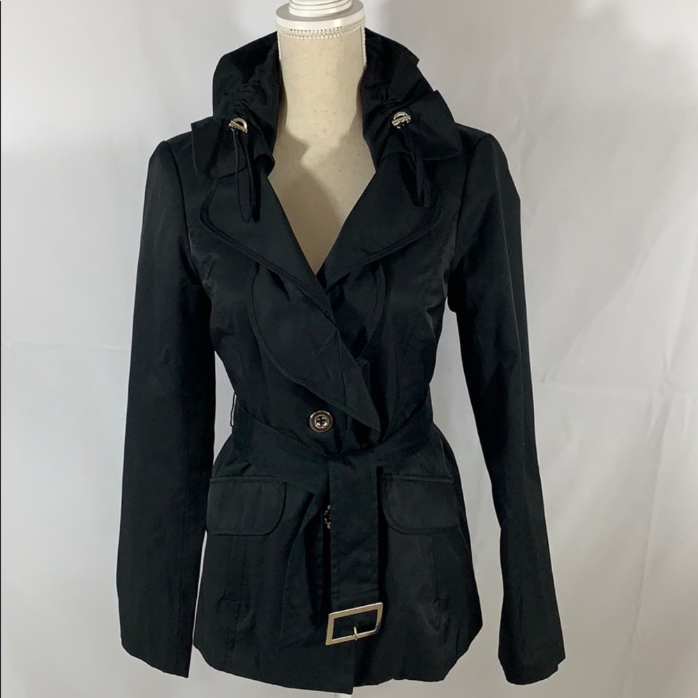 WHBM dressy black trench coat with ruffles